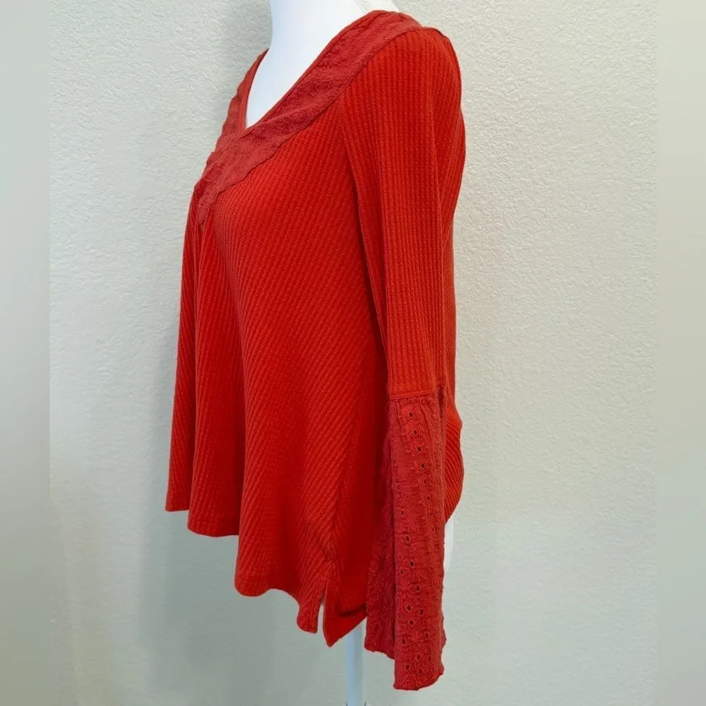 Free People Orange Bell Sleeve V‑Neck Long Sleeve Top